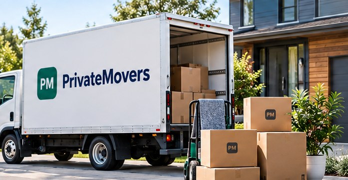 A moving truck being loaded with boxes